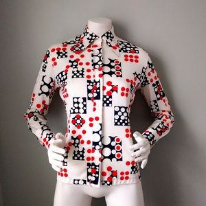 ⛔SOLD⛔ Vtg 70s Joyce Polka Dot Domino Print Nylon Shirt S